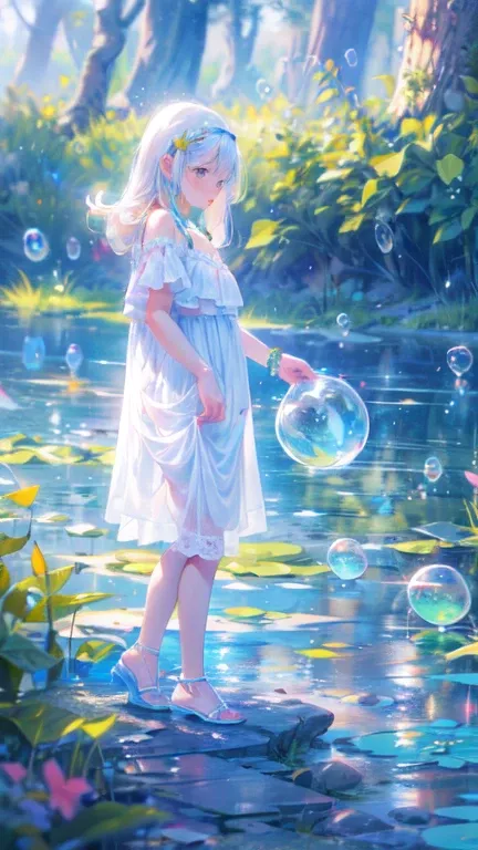 Ultra Wide Angle,Distant view of the lake,Super cute slime,Reflects light,Colorful Bubbles,, super detailed, best quality, soft lighting ,  Fantasy Style ,  This image is vividly projected in colorful tones .、Visual stimulation and aesthetic sensations are...