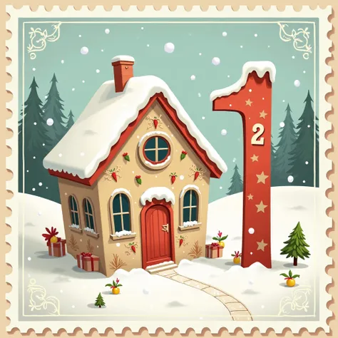  Picture for a very Christmas advent calendar , with the large number 2 inside a postage stamp.  illustration 