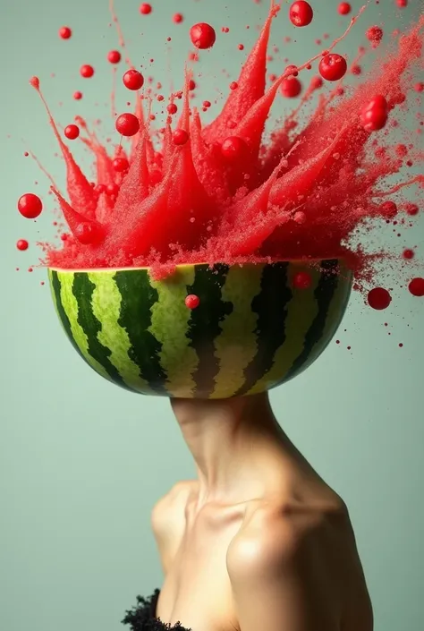 A surreal and creative portrait of a woman, framed from her shoulders up, with a watermelon replacing her head. The watermelon is in the process of exploding, with vibrant, juicy red splashes and chunks bursting outward, creating a dynamic and chaotic effe...