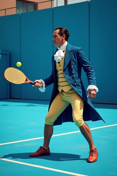 Simon Bolivar from the 1800s playing padel racket on a blue court 