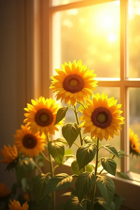 Morning sunshine. Sunflowers. Beside window 