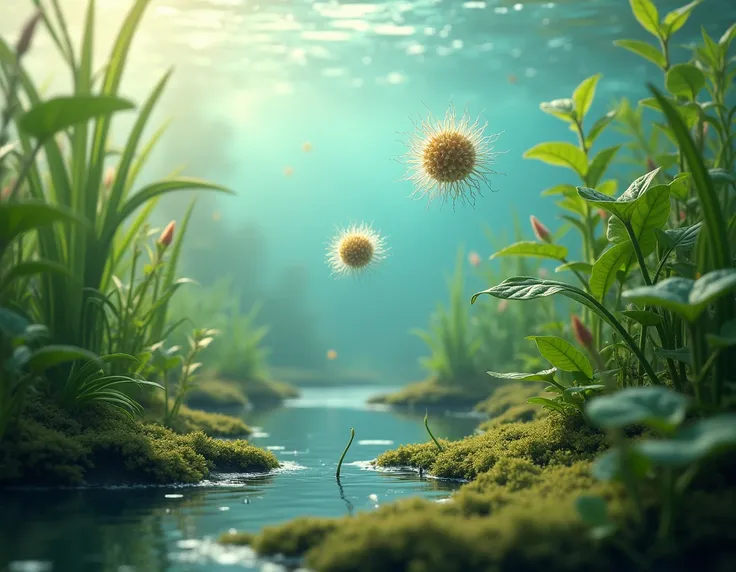 Portray the process of passage of aquatic plants to the terrestrial environment through spores 