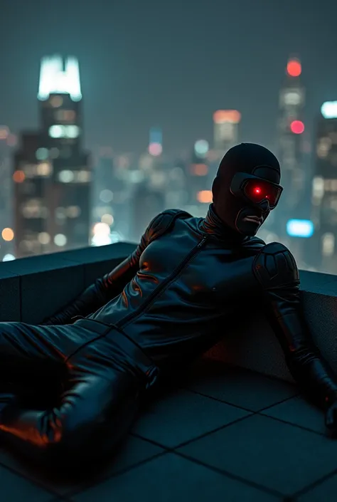  A man wearing latex clothing ,  black leather pants ,  black leather combination boots , leather gloves, Zinsa shoulder pads ,  black leather mask covering his entire face red night vision goggles,  over a building at night , doing sexy pose lying down  