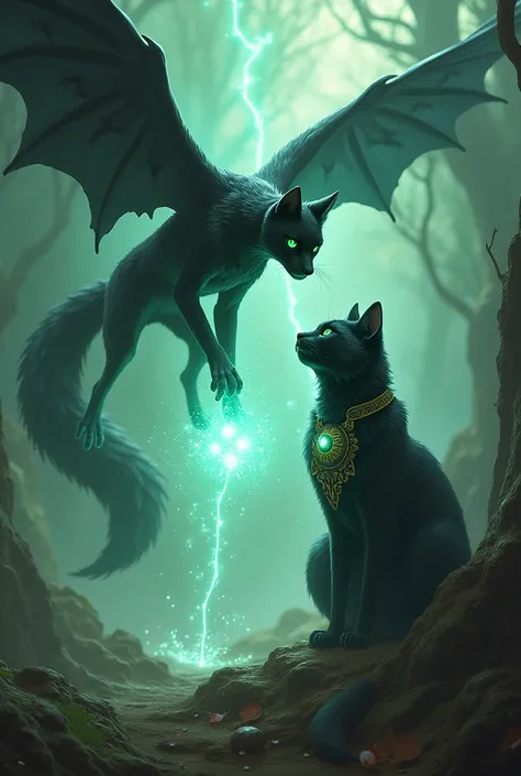 The guardian fox flying black, the little one uses her wings ,  to distract The Shadow that protects the tribes, and the neural network is a big cat with emerald eyes using an amulet to call bright light, destroying darkness .