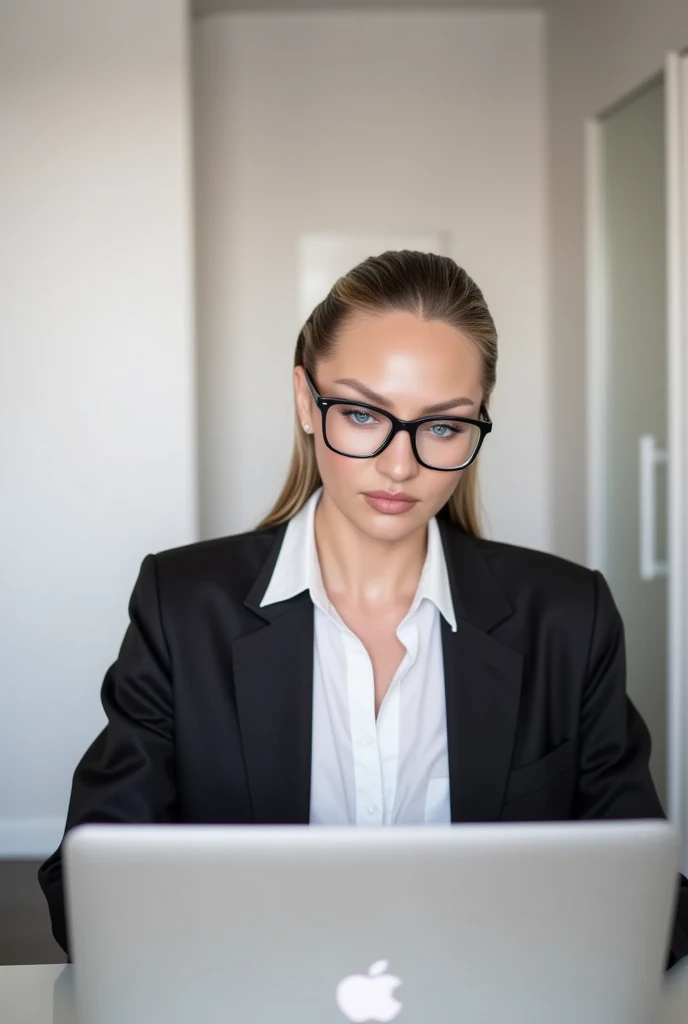 Young brunette girl wearing suit, glasses, working on her laptop