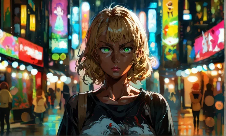 Woman, brown skin, bright blonde hair, bright green eyes, Japanese-style black T-shirt, serious and confident expression, Gloomy city scenery, ((Anime character design)), ((2D animation style)), ((Dramatic studio lighting)), ((2D fine lines)), ((Stunning c...