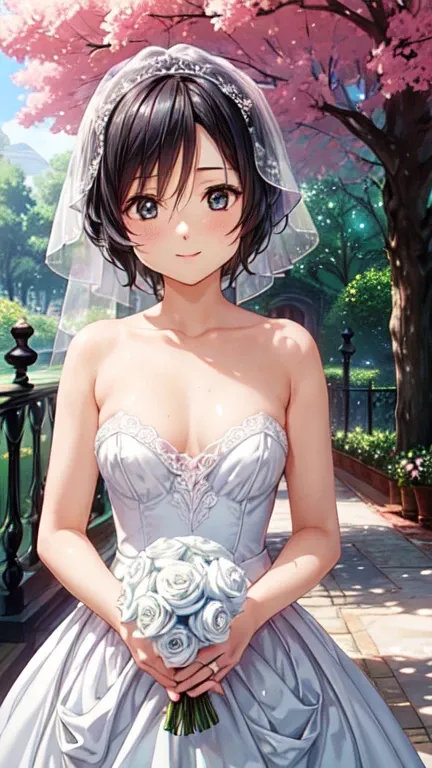 (masterpiece,  best quality, beautiful、And aesthetic :1.3),  viewers who show the full nudity,  1 girl , Alone,  smiles lightly, (compensate,  short hair ,  black hair,  blue eyes:1.2),  octane rendering ,  bridal veil ,  dress with lace ,  transparent,  w...