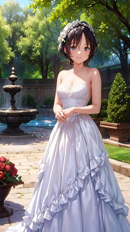 (masterpiece,  best quality, beautiful、And aesthetic :1.3),  viewers who show the full nudity,  1 girl , Alone,  smiles lightly, (compensate,  short hair ,  black hair,  blue eyes:1.2),  octane rendering ,  bridal veil ,  dress with lace ,  transparent,  w...