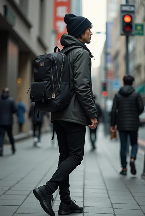 Shot from sideway a man, short black  straight hair,  with jacket and beannie , black pant, black shoes, alking carrying bacpack, shot from sideway.