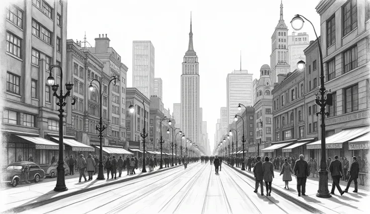 Black and white pencil sketch of a bustling cityscape, with towering skyscrapers, busy streets, and intricate architectural details. The city is filled with dynamic elements such as pedestrians, vehicles, and streetlights, captured in detailed shading and ...