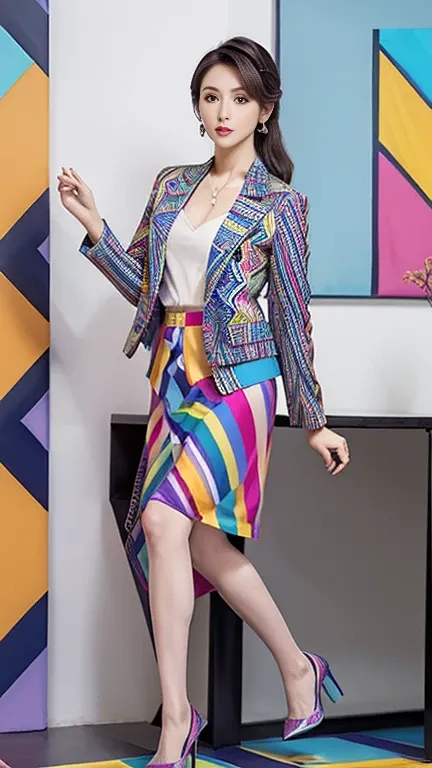 ((masterpiece)),(( best quality))、tall and slim 、(Full Body Portrait)，(One Mature Woman)、(Wear a colorful geometric pattern blazer jacket and a colorful geometric pattern long skirt:1.3)、(Silk Pantyhose)、 high heels、 Model Pose ，Modern architecture in the ...