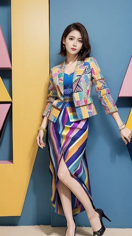 ((masterpiece)),(( best quality))、tall and slim 、(Full Body Portrait)，(One Mature Woman)、(Wear a colorful geometric pattern blazer jacket and a colorful geometric pattern long skirt:1.3)、(Silk Pantyhose)、 high heels、 Model Pose ，Modern architecture in the ...