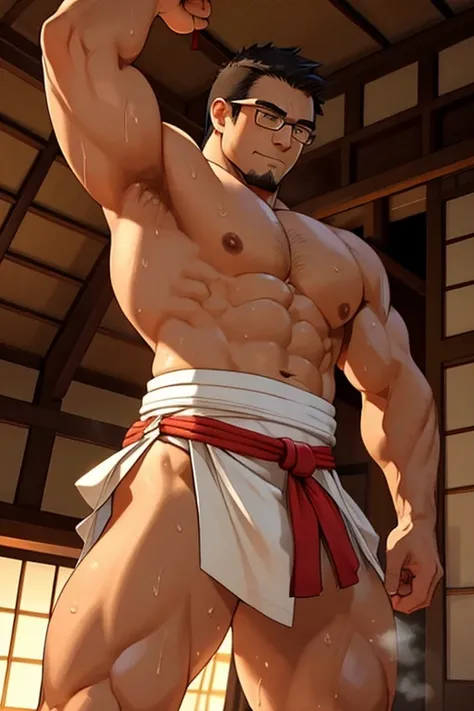  thick outline、human、male、Age 35、Muscular、恐そうなmale、crew cut、 tanned skin、 big butt、Strong lower body、Fighting pose、 butt closeup、White Japanese loincloth 、 fasten Japanese loincloth、Japanese style、Japanese-style room、dojo、night、sweat、 steam 、Heat、Glasses