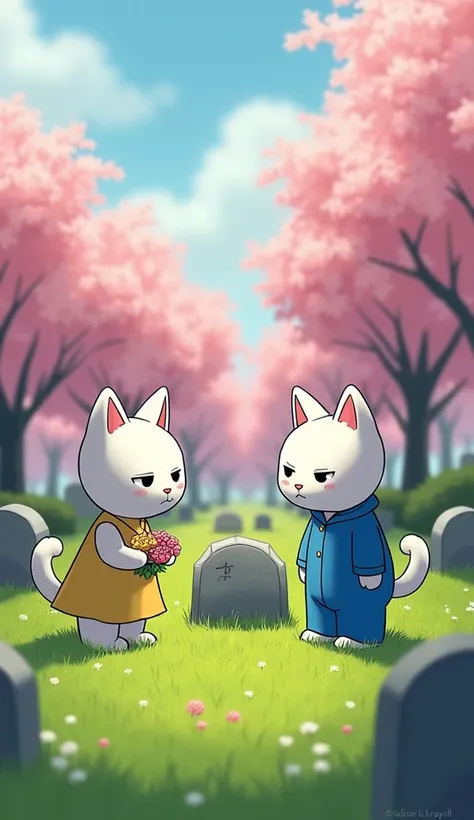 A quiet cemetery during the day ,  with headstones scattered on a green and well-kept grass . In the center of the scene, There are two anthropomorphic white cats a mother with a yellow dress with a sad expression and a  wearing a blue jumpsuit, Also sad ,...