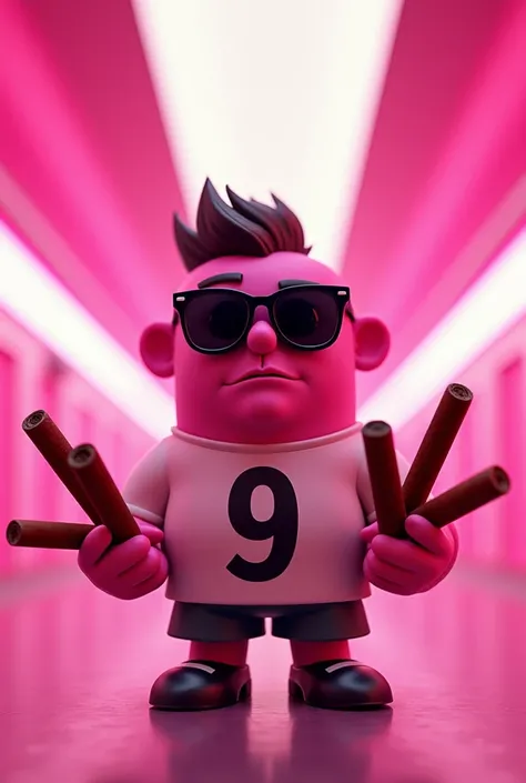 an animated character he wears dark glasses ,  a shirt with the number 9 and holds cigars and his body is pink. In the background place pink rays 