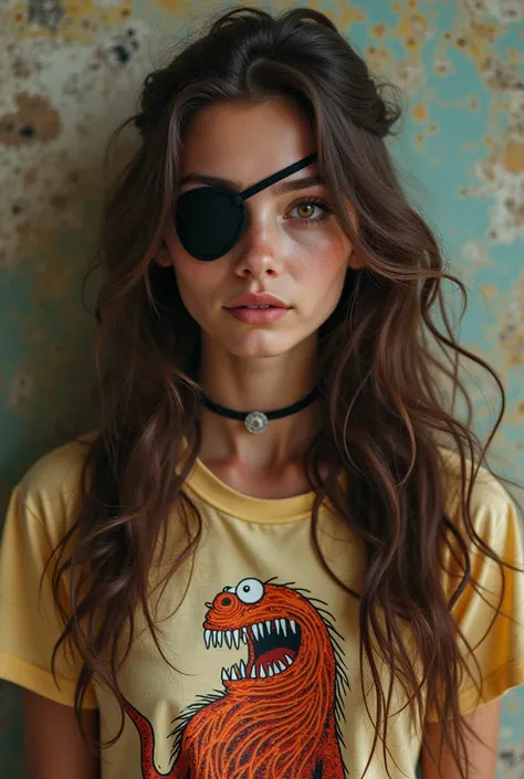 Woman 27 years old with shirt depicting a cute spaghetti monster and the Pastafarian religion and an eye patch long brown hair brown eyes 