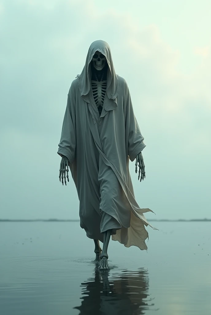 Skeleton with tunic and hood walking above the sea but on his back 