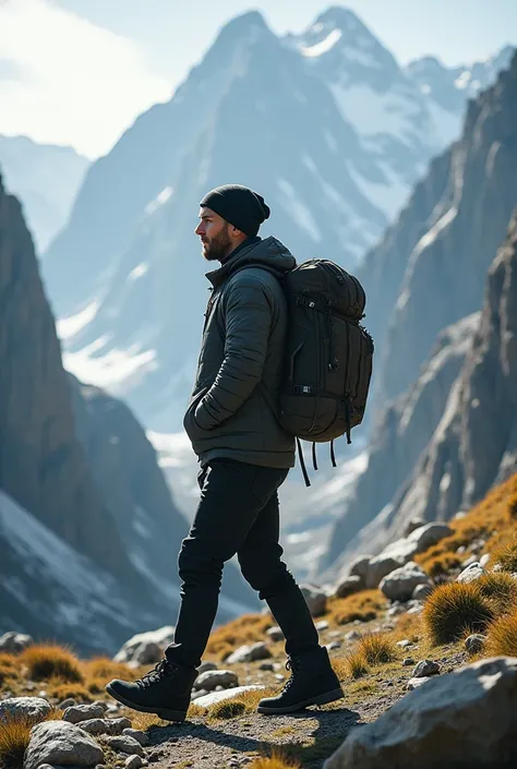 Shot from sideway a man, short black  straight hair,  medium body, with jacket and beannie , black pant, black shoes, alking carrying bacpack,  background mountain, shot from sideway.