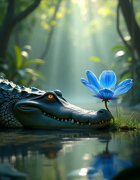 "An enchanting, hyper-realistic scene set in a lush tropical swamp during sunrise. A vibrant, ethereal blue flower blooms on the edge of a small patch of land, its petals glowing faintly in the soft morning light. Opposite it, a large crocodile with detail...