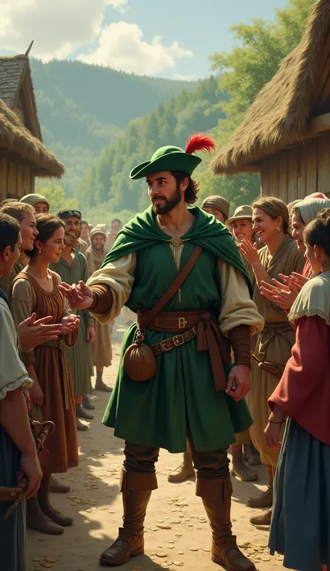 Create a picture of Robin Hood handing out money to poor farmers and villagers