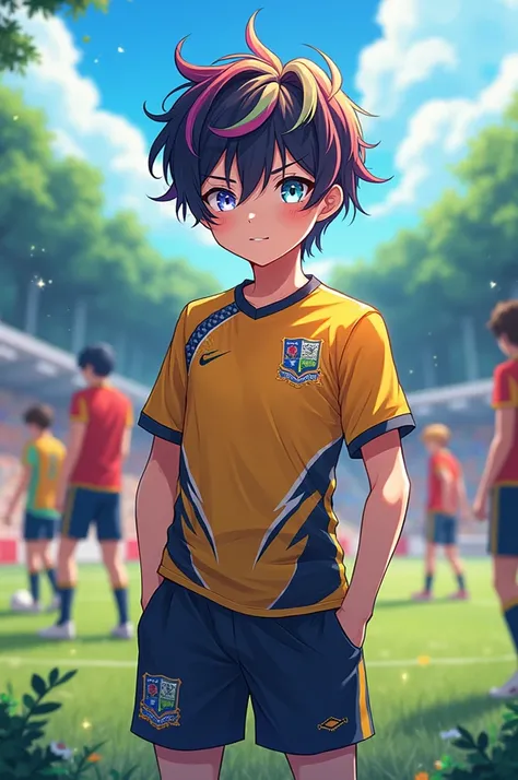 anime boy, teen, soccer uniform, diamante,  multicolored hair,  multicolored eyes , soccer camp, fullbody