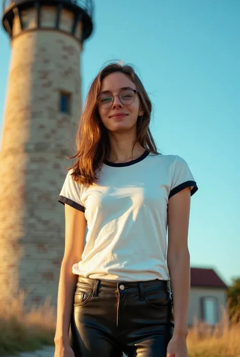 A slim 21-year-old woman with a narrow face, wearing glasses and a closed-mouth smirk, has straight light brown hair just below her ears. She wears tight shiny black leather jeans and a tight white ringer t-shirt, standing in front of an old lighthouse at ...