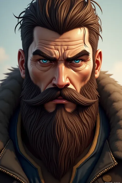 Sanyi :  powerful beard,  brown hair , blue eyes , Tall 