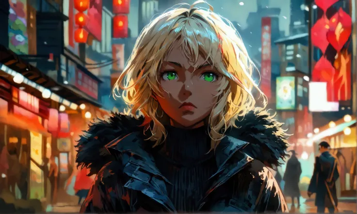 Woman, brown skin, bright blonde hair, bright green eyes, Japanese-style black turtleneck overcoat, serious and confident expression, Gloomy city scenery, ((Anime character design)), ((2D animation style)), ((Dramatic studio lighting)), ((2D fine lines)), ...