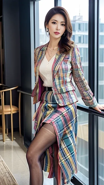 ((masterpiece)),(( best quality))、tall and slim 、(Full Body Portrait)，(One Mature Woman)、(Wear a colorful plaid blazer jacket and a colorful plaid long skirt:1.3)、(Silk Pantyhose)、 high heels、 Model Pose ，Modern architecture in the background、 Big Breasts ...