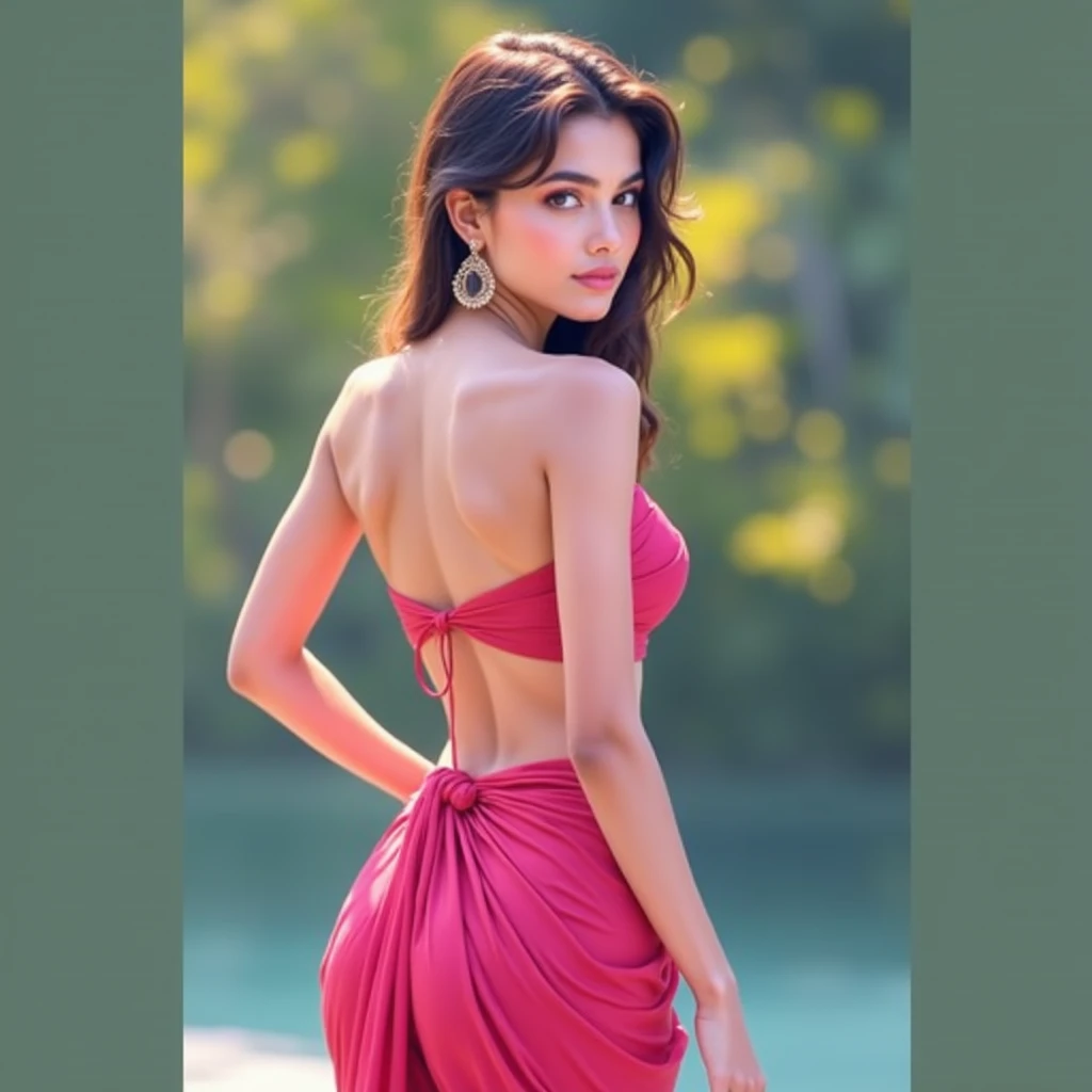 Gorgeous young lady showing her open back in sexy saree, very tiny small waist, slim figure, UHD, breasts, accurate, detailed background, high detail, High quality, masterpiece