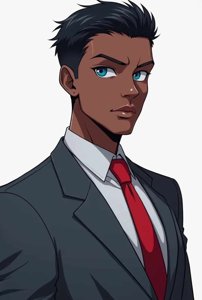 Black man with glass lenses ,  dressed in gray suit and red tie, designer suit, lawyer, I bet,  short hair,  personaje anime manga, blue eyes ,  high quality image , HD 4k,