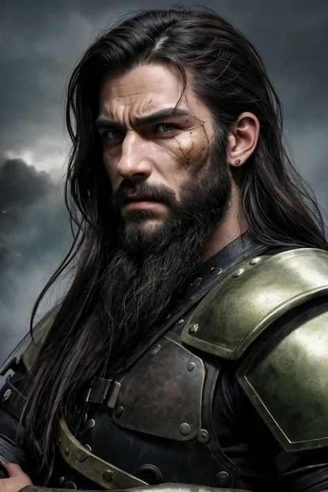 A highly realistic portrayal of a rugged warrior with long, dark hair falling past his shoulders, a well-groomed beard, and piercing yellow-green eyes. His face is marked by two distinctive scars—one crossing his cheek and another near his brow—adding a se...