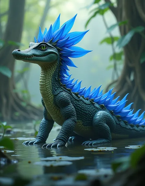 "A surreal hybrid creature combining the features of a crocodile and a blue flower, set against a misty jungle backdrop. The creature has the body of a crocodile, its scaly texture blending seamlessly with vibrant blue petals growing along its spine and ta...