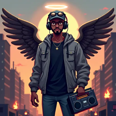 2D Pixel Sprites Black male character with short haircut and beard, wearing newsboy cap aviator glasses headphones and grey jacket with black t-shirt underneath, wings, halo over his head, super nintendo from a platform game like Metal Slug or Mega Man, lo...