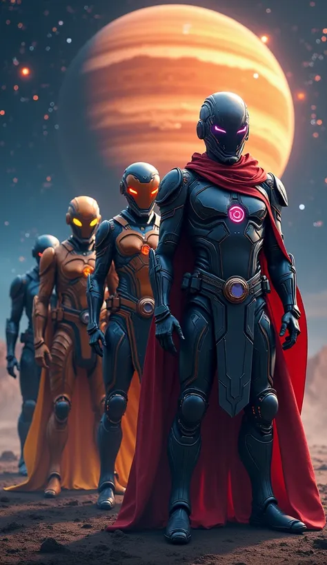 "An epic lineup of cosmic warriors: Each representing a planet in our solar system. Futuristic humanoid warriors with armor inspired by planetary colors, textures, and unique features like Saturns rings, Mars fiery glow, and Neptunes shimmering blue. Galac...