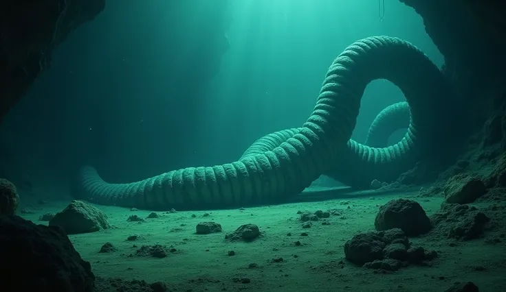 . "At more than 3 ,000 meters deep ,  the submarine illuminates a vast plains of sediment with the remains of marine creatures. in the center, , a massive worm-like creature slowly curls up .  Its segmented body glows faintly in shades of green and blue , ...