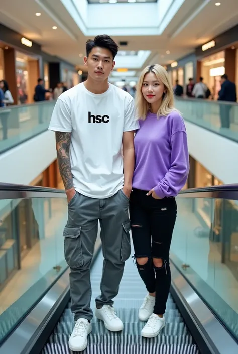 professional photography, handsome Korean man with trendy hair, wearing white t-shirt with "HSC" logo, tattoo on arm, black cargo jeans and white sneakers. He is standing on an escalator in a modern mall, accompanied by a beautiful Korean woman, shoulder-l...