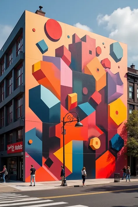 We need a dynamic, large-scale mural featuring a scattered composition of oversized geometric shapes in bold, contrasting colors.