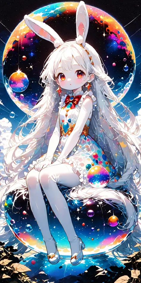 solo,1girl((chibi:1.3),cute,kawaii,(white hair:1.7),(very long hair:1.7),bangs,(ear(fluffy white bunny-ear):1.4),(red eye),big eye,beautiful shiny eye,(white skin:1.4),big hairbow,(white frilled dress:1.3), (sit on (bubble:1.3)(huge,gigantic,beautiful,shin...