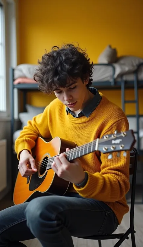 Best wallpapers for mobile phone, The winners of the , black and white .  in the background with yellow accents about studying  , in the foreground is a funny funny student guy with dark hair and a yellow old sweater, who plays guitar in a student dorm 