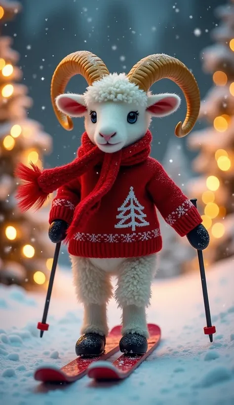 An adorable anthropomorphic lamb, dressed in a red sweater adorned with Christmas motifs and a festive red scarf. The lambskin has large, golden curved horns and a crisp, fluffy white coat that is perfectly textured. He stands on classic red skis with blac...