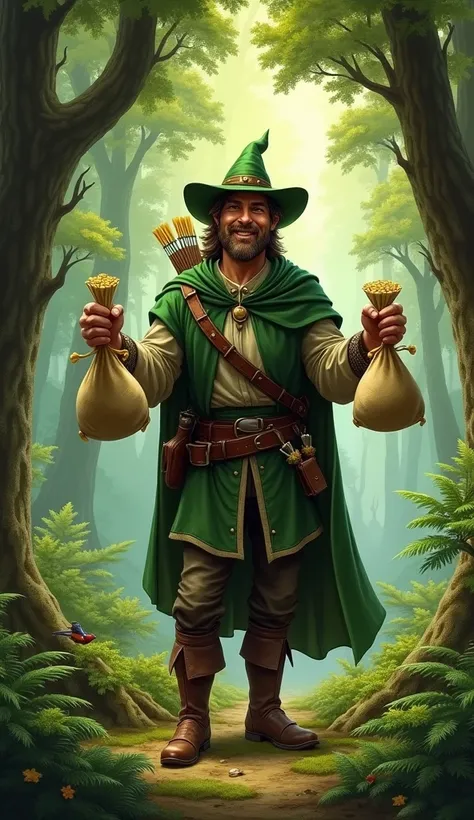 Create an image of Robin Hood far away among the trees with a smile on his face and bags of stuffed coins in his hands