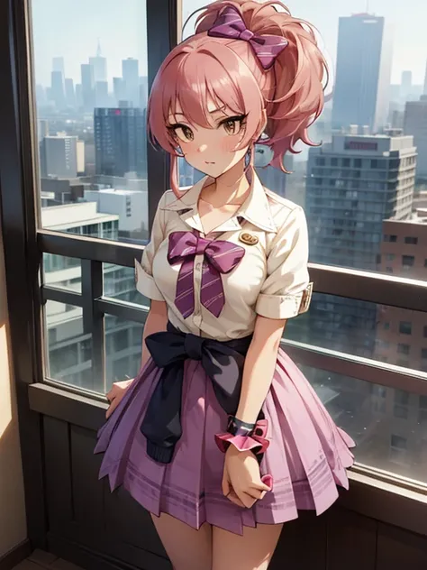 nsfw,friend、 ponytails bleeding from the vagina、  hair bow 、clavicle、uniform、stripe、 bow tie 、 colored shirt 、 white shirt、Rolled up my sleeves、 list scrunchie、waist clothes、 checker skirt 、Purple Skirt,(  Perfect Hand ),(perfect anatomy),(masterpiece),(  ...