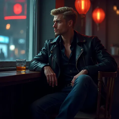 A handsome man, blond hair, blue eyes, Young, 30 years old, handsome, with a dark leather jacket, a black blouse and jeans, sitting looking out the window of a bar, with a glass of whiskey in his hand, dark bar