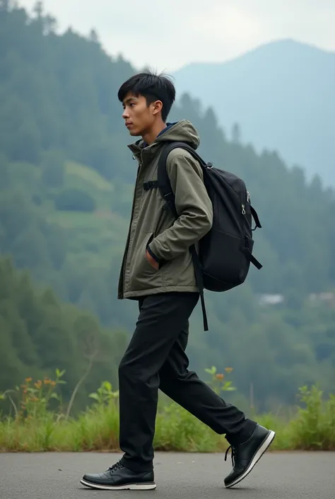 Shot from sideway an Indonesian young man, short black  straight hair,  medium body, with jacket   , black pant, black shoes, alking carrying bacpack,  background mountain, shot from sideway.