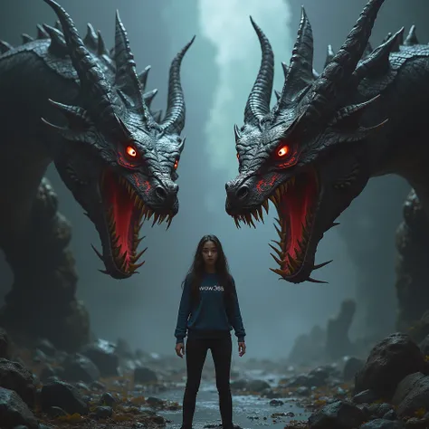 two scary RED and black dragon snakes with the woman next to her the woman has the inscription WOW388 on her shirt
