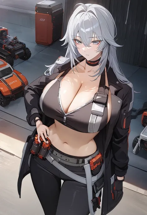 sovetsky_Soyuz, grey hair, long hair, midriff, choker, webbed belt, tactical, pouches, jaket around hips, Cleavage, large breasts, first rate breasts, grey eyes, sharp eyes, Long eyelashes, eye shadow, ominous vibe, expressionless, stoic, relaxing, Ultra q...