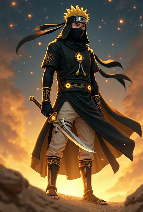  Ninja of Egypt  (Golden Sand Village )
costume :
 A black and gold ninja robe with glowing hieroglyphic accents on his arm .  Cream-colored trousers with a small pyramid-shaped knee protector .  The hand guard resembles the claws of Anubis .  His headband...