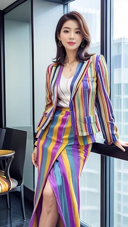 ((masterpiece)),(( best quality))、tall and slim 、(Full Body Portrait)，(One Mature Woman)、(Wear a colorful striped blazer jacket and a colorful striped long skirt:1.3)、(Silk Pantyhose)、 high heels、 Model Pose ，Modern architecture in the background、 Big Brea...