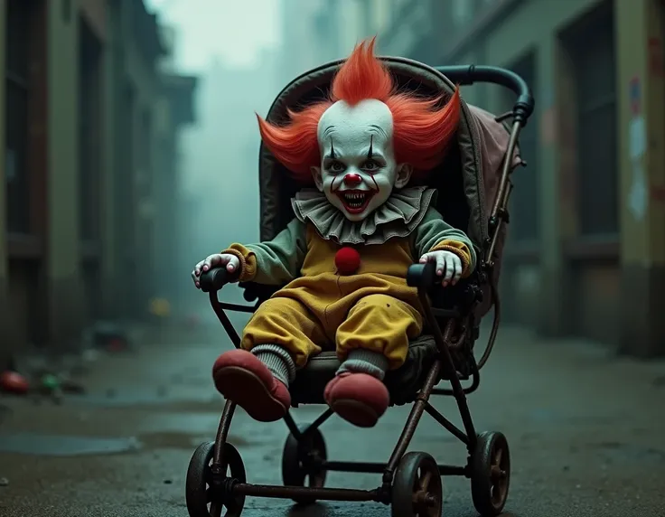 demon baby clown sitting in a stoller